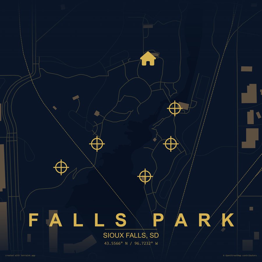 Falls Park quest route map showing six stops